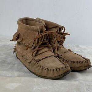 Laurentian Chief Tan Suede Moccasin Boots with crepe soles.